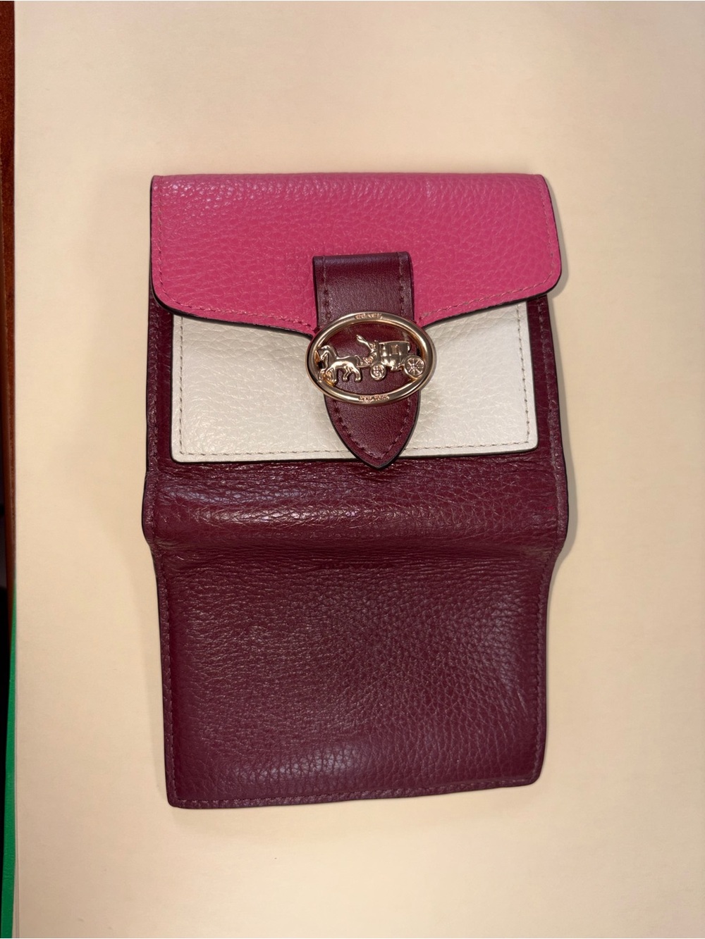 Coach Leather Colorblock Compact Crossbody Wallet - Pink, White & Burgundy